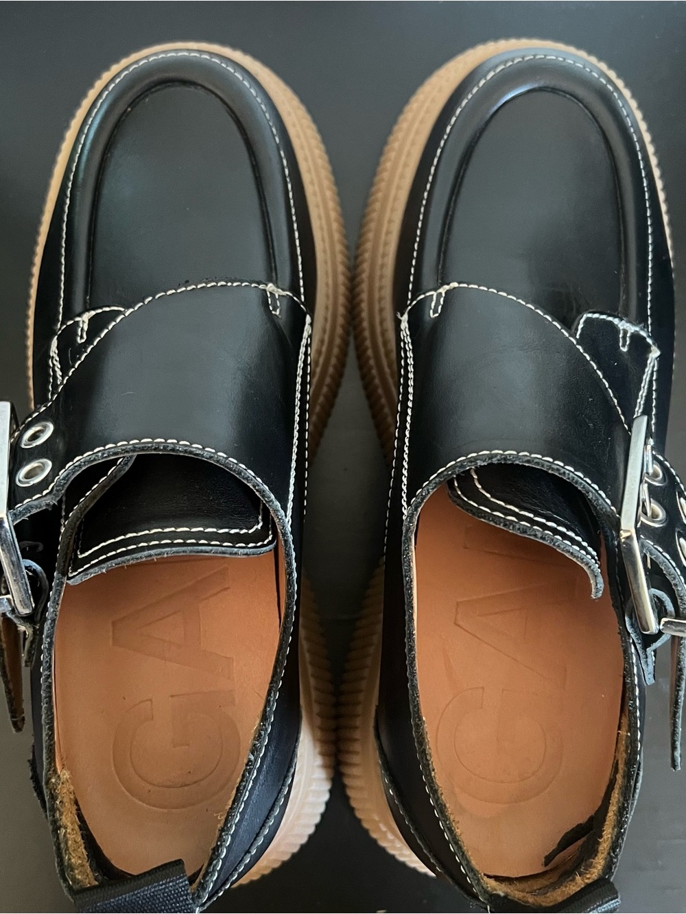Ganni Black Leather brogues Loafers with Tan Platform - Picture 3 of 5